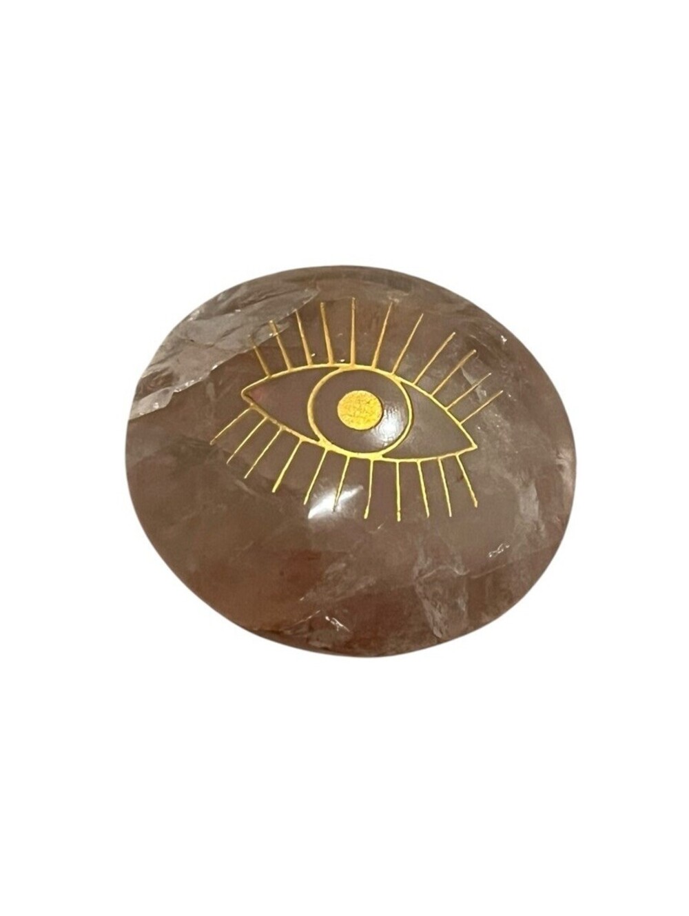 Brown Quartz Palm Stone Gold Evil Eye Engraved Polished Crystal